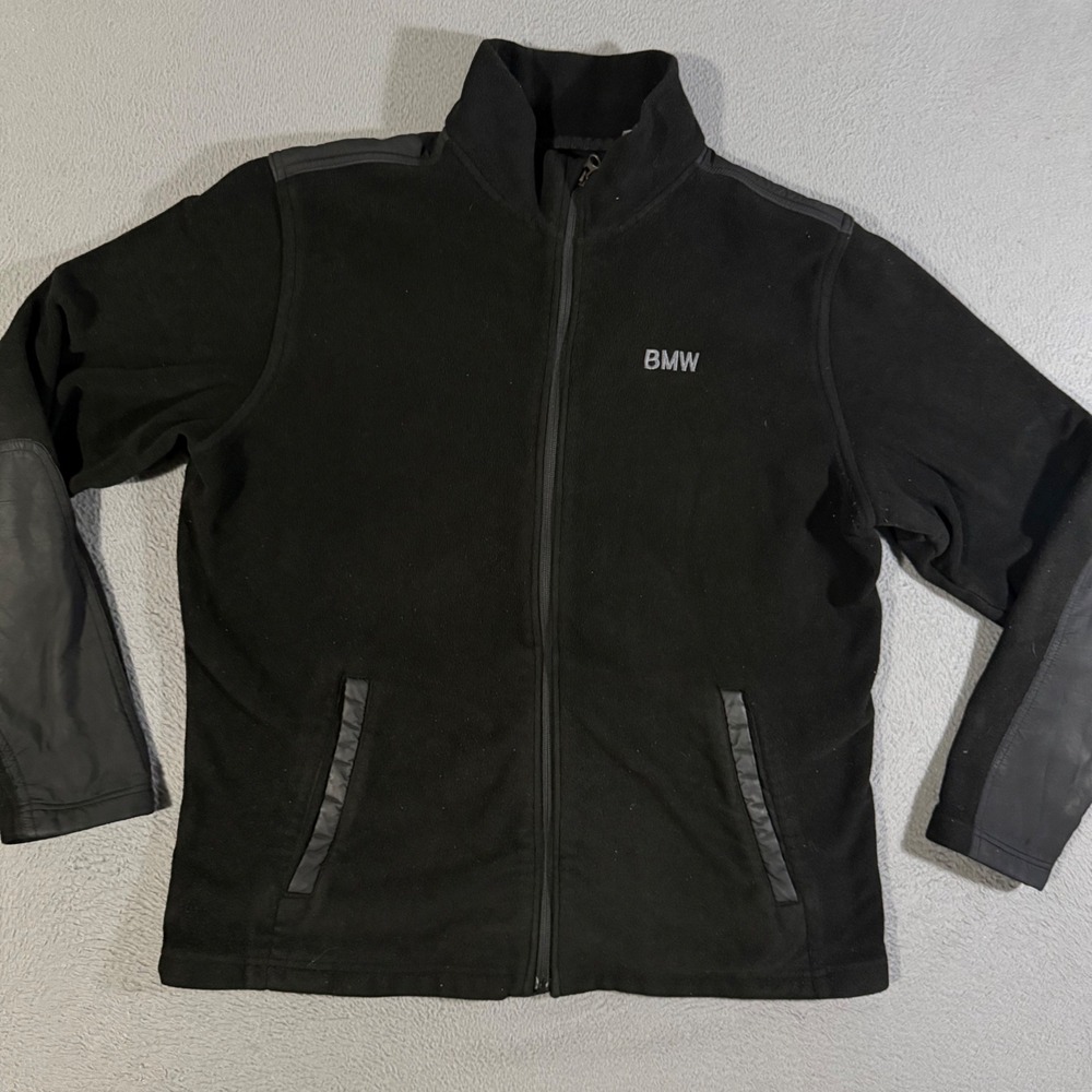 Oobe BMW Mens Black Full Zip Fleece Jacket Nylon Trim Elbow Patches‎ Size XL